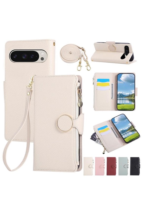 for Google Pixel 9 Pro/Pixel 10 Pro 6.3" Wallet Case Magnetic Flip Cover Multi-Card Slots Zipper Pocket With Circular Buckle Detachable Shoulder Strap And Wrist Strap,White