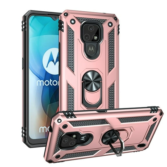YEYKX for Motorola Moto E7 6.5-inch Phone Case, Impact Resistant Metal Ring Magnetic Support Kickstand Drop Protector Cover for Motorola Moto E7 6.5-inch,Rose Gold,For Motorola Moto E7