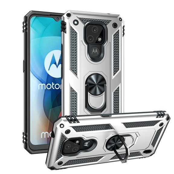 YEYKX for Motorola Moto E7 6.5-inch Phone Case, Impact Resistant Metal Ring Magnetic Support Kickstand Drop Protector Cover for Motorola Moto E7 6.5-inch,Silver,For Motorola Moto E7
