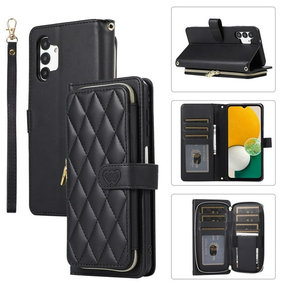 YEYKX Wallet Case for Samsung Galaxy A13 4G / 5G / A40S 6.6inch with Wrist/Shoulder Strap, 9 Card Slots Zipper Purse Luxury Leather Stand Checkered Cell Phone Cover,Black