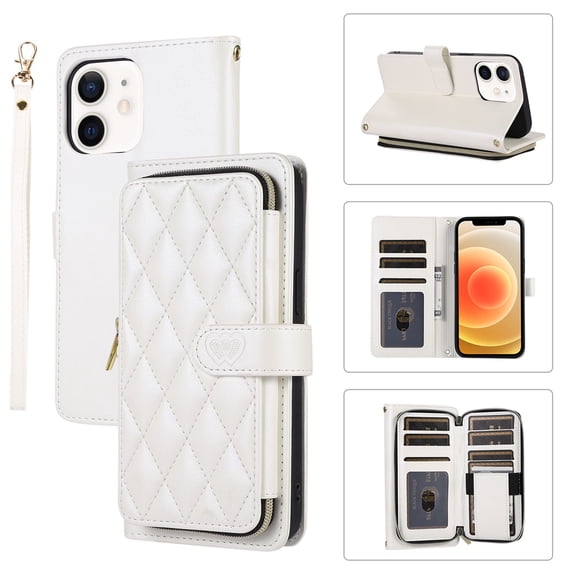 YEYKX Wallet Case for iPhone 11 6.1inch with Wrist/Shoulder Strap, 9 Card Slots Zipper Purse Luxury Leather Stand Checkered Cell Phone Cover,White,For iPhone 11