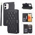 thumbnail image 1 of YEYKX Wallet Case for iPhone 12 6.1inch with Wrist/Shoulder Strap, 9 Card Slots Zipper Purse Luxury Leather Stand Checkered Cell Phone Cover,Black,For iPhone 12, 1 of 10