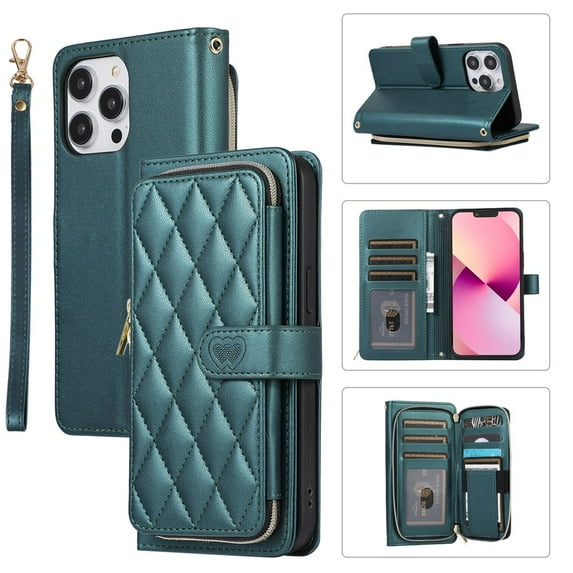 YEYKX Wallet Case for iPhone 12 Pro Max 6.7inch with Wrist/Shoulder Strap, 9 Card Slots Zipper Purse Luxury Leather Stand Checkered Cell Phone Cover,Green,For iPhone 12 Pro Max