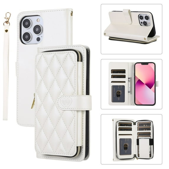 YEYKX Wallet Case for iPhone 12 Pro Max 6.7inch with Wrist/Shoulder Strap, 9 Card Slots Zipper Purse Luxury Leather Stand Checkered Cell Phone Cover,White,For iPhone 12 Pro Max