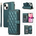 thumbnail image 1 of YEYKX Wallet Case for iPhone 14 6.1inch with Wrist/Shoulder Strap, 9 Card Slots Zipper Purse Luxury Leather Stand Checkered Cell Phone Cover,Green,For iPhone 14, 1 of 10