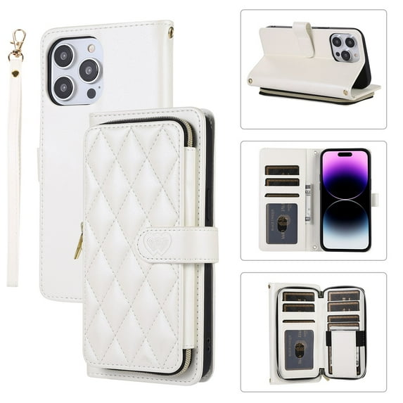 YEYKX Wallet Case for iPhone 14 Pro 6.1inch with Wrist/Shoulder Strap, 9 Card Slots Zipper Purse Luxury Leather Stand Checkered Cell Phone Cover,White,For iPhone 14 Pro