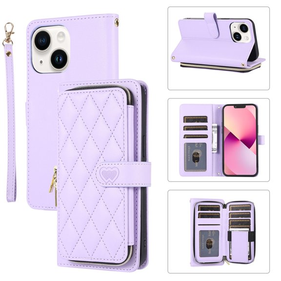 YEYKX Wallet Case for iPhone 15 Plus 6.7inch with Wrist/Shoulder Strap, 9 Card Slots Zipper Purse Luxury Leather Stand Checkered Cell Phone Cover,Purple,For iPhone 15 Plus