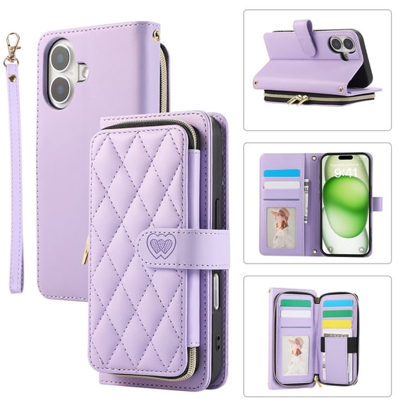 YEYKX Wallet Case for iPhone 16 6.1inch with Wrist/Shoulder Strap, 9 Card Slots Zipper Purse Luxury Leather Stand Checkered Cell Phone Cover,Purple,For iPhone 16