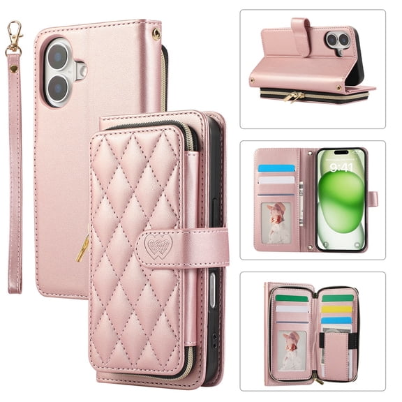 YEYKX Wallet Case for iPhone 16 6.1inch with Wrist/Shoulder Strap, 9 Card Slots Zipper Purse Luxury Leather Stand Checkered Cell Phone Cover,Rose Gold,For iPhone 16