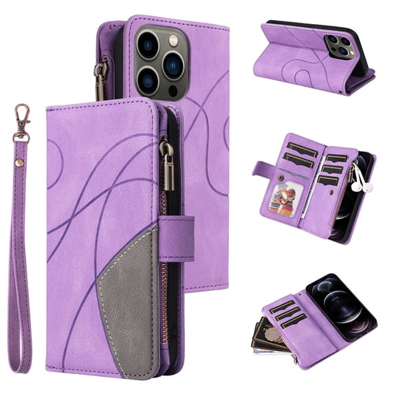 YEYKX for iPhone 12 Wallet Phone Case with 9 Card Holder Zipper Pocket, Magnetic Closure Premium Folio PU Leather Flip Case with Wrist Strap for iPhone 12 6.1inch,Purple,For iPhone 12