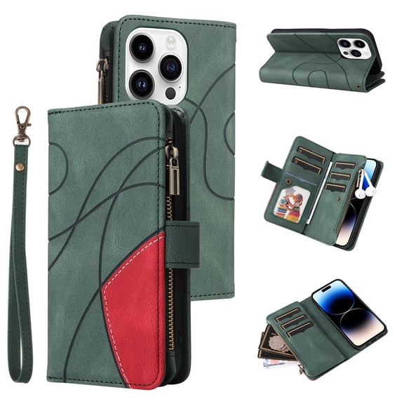 YEYKX for iPhone 14 Pro Max Wallet Phone Case with 9 Card Holder Zipper Pocket, Magnetic Closure Premium Folio PU Leather Flip Case with Wrist Strap for iPhone 14 Pro Max 6.7inch,Green