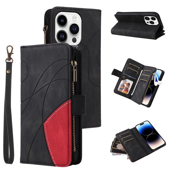 YEYKX for iPhone 14 Pro Wallet Phone Case with 9 Card Holder Zipper Pocket, Magnetic Closure Premium Folio PU Leather Flip Case with Wrist Strap for iPhone 14 Pro 6.1inch,Black,For iPhone 14 Pro