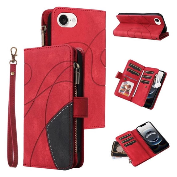 YEYKX for iPhone 17e / 16e Wallet Phone Case with 9 Card Holder Zipper Pocket, Magnetic Closure Premium Folio PU Leather Flip Case with Wrist Strap for iPhone 17e / 16e 6.1",Red,For iPhone 17e / 16e