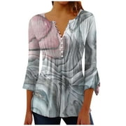 YEYLANERS 3/4 Length Sleeve Empire Waist Womens Tops,Bohemian Tops for Women 2024 Marble Print Tunic Blouse Pleated T-Shirts 3/4 Bell Sleeve Henley Button V Neck Shirts,Gray S