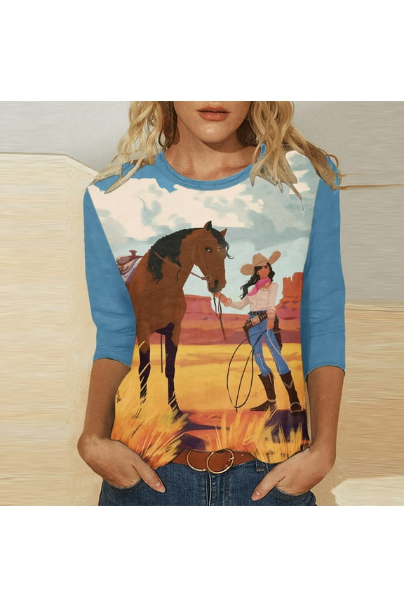 3/4 Length Sleeve Tunic Top for Women,Womens Horse Printed Tops Western Vintage Painting T Shirts Crewneck Funny Gift Shirts Equestrian Cowgirl Blouses,Blue,S