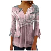YEYLANERS 3/4 Length Sleeve Womens Tops Dressy,Bohemian Tops for Women 2024 Marble Print Tunic Blouse Pleated T-Shirts 3/4 Bell Sleeve Henley Button V Neck Shirts,Pink XL