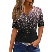 YEYLANERS Blouses for Women Dressy Casual Clearance,Ladies Tops and Blouses Short Sleeve Henley Neck Sequin T Shirts Trendy Button V Neck Sparkle Tunic Top Blouses 2024,Pink XXXL