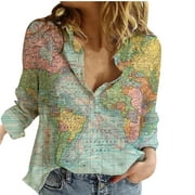 YEYLANERS Blouses for Women Sexy V Neck Tops Long Sleeve Linen Button Down Shirts Womens Summer 2024 World Map Printed Tunic Tshirts Tees,Green,XXL