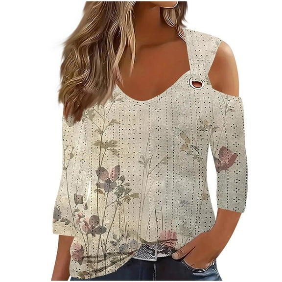 YEYLANERS Cold Shoulder Top for Women Dressy,Womens Eyelet 3/4 Sleeves Tops V Neck Tunic Shirts Floral Print Blouses Fall Sexy Loose O Ring Shoulder T Shirts 2024,Khaki,L