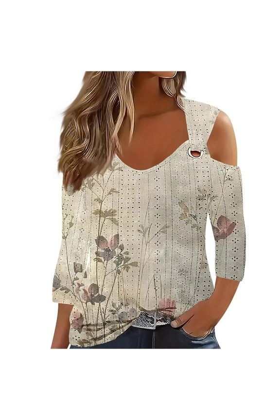 Cold Shoulder Top for Women Dressy,Womens Eyelet 3/4 Sleeves Tops V Neck Tunic Shirts Floral Print Blouses Fall Sexy Loose O Ring Shoulder T Shirts 2024,Khaki,L