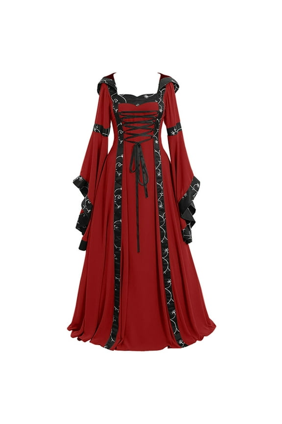 Dress for Women Vintage 1800S Medieval Renaissance Dress Corset Flare Sleeve Chemise Dress Solid Color Cocktail Party Ball Gown,Red,XXXL
