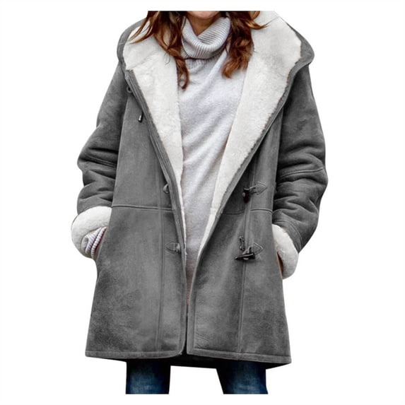YEYLANERS Fleece Lined Coat Women Winter Plus Size Solid Color Velvet Warm Horn Button Pocket Long Sleeve Hooded Casual Jacket Oversized Faux Fur Sweater Outwear 2024,Gray,XXXXXL