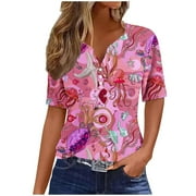 YEYLANERS Floral Blouses for Women 2024,Womens Summer Tops Dressy Trendy Henley V-Neck Button Shirts Vintage Beach Short Sleeve Holiday Print Loose Comfy Tunics,Pink S