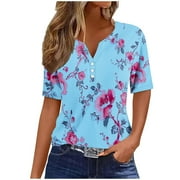 YEYLANERS Floral Blouses for Women Dressy,Womens Summer Tops 2024 Trendy Henley V-Neck Button Shirts Short Sleeve Holiday Floral Print Loose Comfy Tunics,Blue XXL