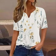 YEYLANERS Floral Blouses for Women,Womens Summer Tops Dressy 2024 Trendy Henley V-Neck Button Shirts Short Sleeve Holiday Print Loose Comfy Tunics Clearance Deals,Multicolor XL