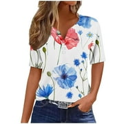 YEYLANERS Floral Button Down Shirts for Women,Womens Summer Tops Dressy 2024 Trendy Henley V-Neck Shirts Short Sleeve Holiday Floral Print Loose Comfy Tunics,Multicolor XXL