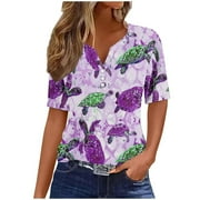 YEYLANERS Floral Print Blouses for Women,Womens Summer Tops Dressy 2024 Vintage Beach Henley V-Neck Button Shirts Short Sleeve Holiday Loose Comfy Tunics,Purple XXXL