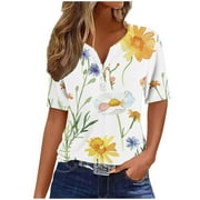 YEYLANERS Floral Print T Shirts for Women,Womens Summer Tops Dressy 2024 Trendy Henley V-Neck Button Shirts Short Sleeve Holiday Floral Print Loose Comfy Tunics,Multicolor S