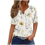 YEYLANERS Floral Shirts for Women Trendy,Womens Summer Tops Dressy 2024 Henley V-Neck Button Shirts Short Sleeve Holiday Floral Print Loose Comfy Tunics,Multicolor XXXL