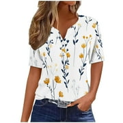 YEYLANERS Floral Tee Shirts for Women,Womens Summer Tops Dressy 2024 Trendy Henley V-Neck Button Shirts Short Sleeve Holiday Floral Print Loose Comfy Tunics,Multicolor XXL