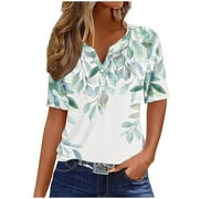 YEYLANERS Floral Tops for Women Spring Sale 2024,Womens Summer Tops Dressy Trendy Henley V-Neck Button Shirts Short Sleeve Holiday Print Loose Comfy Tunics,Multicolor L
