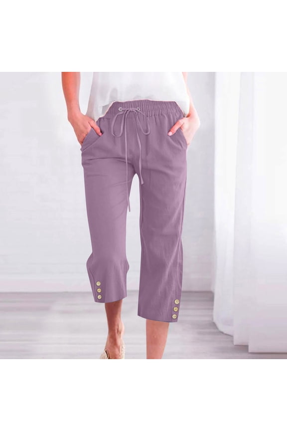 Linen Capri Pants for Women Plus Size Cotton Blend Trousers 2024 Summer Casual High Wasit Elastic Straight Leg Trousers with Pockets Solid Color Drawstring Pant,Purple,S