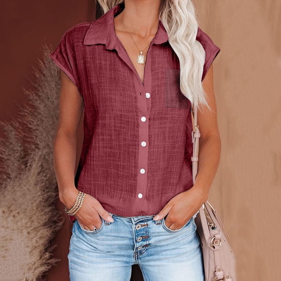YEYLANERS Linen Cotton Button Down Shirts for Women Casual Cap Sleeve V Neck Collared Tunic Tops 2024 Summer Womens Loose Solid Color Blouses,Wine,3X-Large