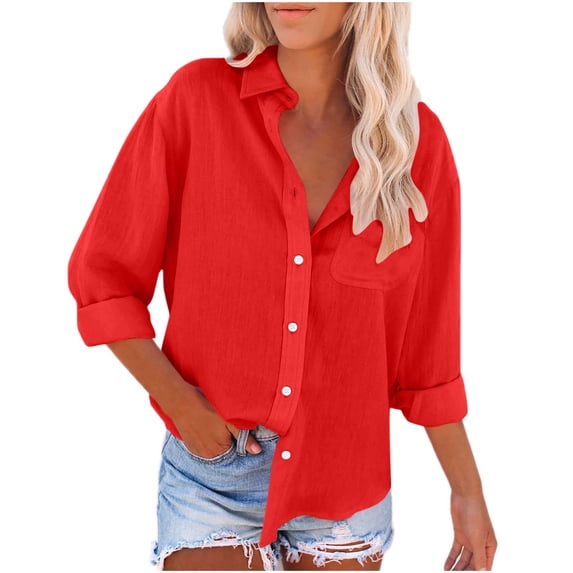 YEYLANERS Linen Shirts for Women with Pockets Long Sleeve Button Down Shirt Blouses Loose Fit Vacation Beach Solid Color Work Tops Casual V Neck Button Tees,Red,L
