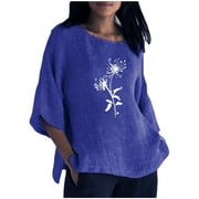 YEYLANERS Linen Shirts for Women Summer Cotton Crewneck Blouses Casual Loose Fit 3/4 Sleeve Tunic Tops Womens Soft Side Split Tees 2024 Dandelion Printed TShirts,Blue,L