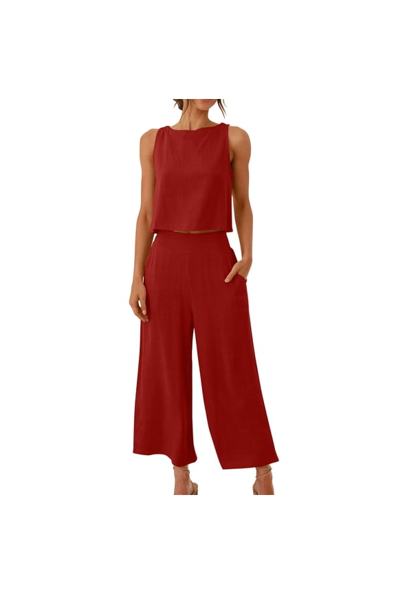 Linen Two Piece Outfits for Women,Women's 2 Piece Outfit Sleeveless Crop Top & Wide Leg Pants Suits Womens Solid Color Lounge Beach Travel Sets 2024,Red,M