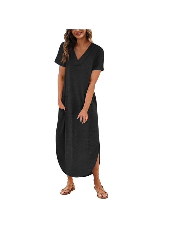 Maxi Dress for Women Short Sleeve Split Long Tshirt Dresses Casual Summer Loose V Neck Solid Color Sundress Trendy Going Out Sun Dress with Pockets,Black,XL