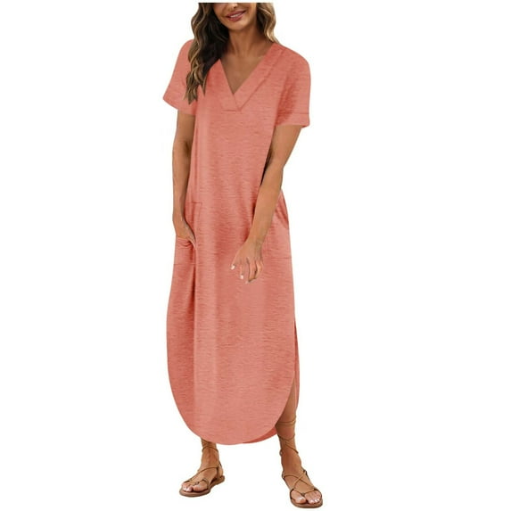 YEYLANERS Maxi Dress for Women Short Sleeve Split Long Tshirt Dresses Casual Summer Loose V Neck Solid Color Sundress Trendy Going Out Sun Dress with Pockets，Pink，L
