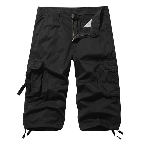 YEYLANERS Mens Cargo Shorts 3/4 Relaxted fit Capri Pants below Knee Cargo Short Summer Cotton Athletic Trendy Hiking Short Pants with Multi Pockets Bermuda Shorts,Black,L