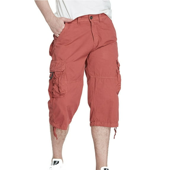YEYLANERS Mens Cargo Shorts 3/4 Relaxted fit Capri Pants below Knee Cargo Short Summer Cotton Athletic Trendy Hiking Short Pants with Multi Pockets Bermuda Shorts,Red,L