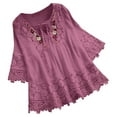 thumbnail image 1 of YEYLANERS Plus Size Blouses for Women Cotton Linen Elegant Blouse Womens Lace Embroidery V Neck Shirts Summer 2024 3/4 Sleeve Tops Loose Tunic T-Shirt,Purple,XXXXXL, 1 of 7