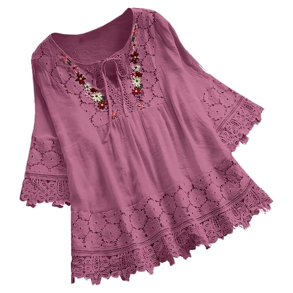 YEYLANERS Plus Size Blouses for Women Cotton Linen Elegant Blouse Womens Lace Embroidery V Neck Shirts Summer 2024 3/4 Sleeve Tops Loose Tunic T-Shirt,Purple,XXXXL
