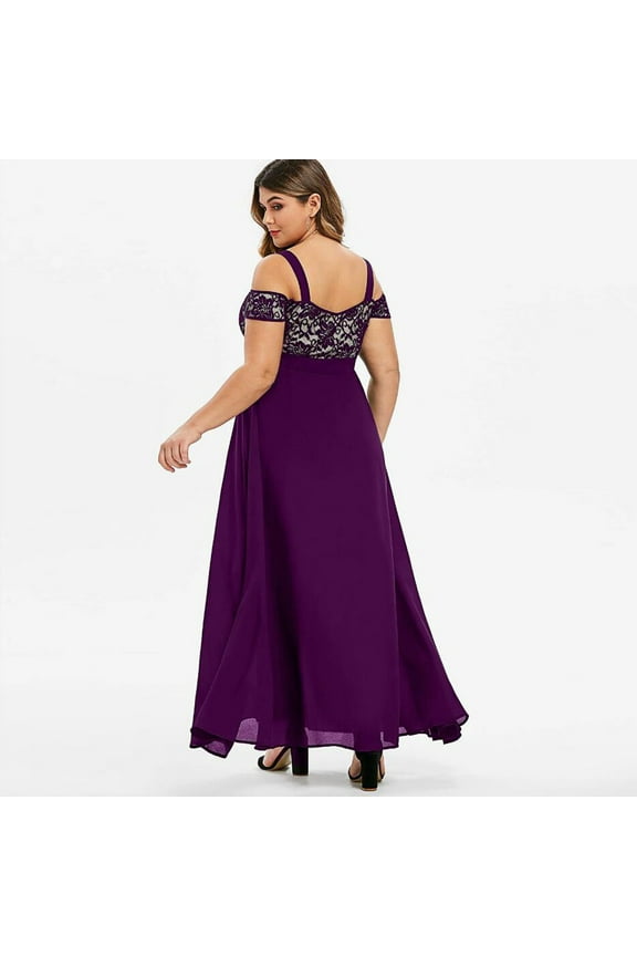 Plus Size Bridesmaid Dresses for Women Sexy Lace Splicing Spaghetti Strap Maxi Dress Womens Cold Shoulder Evening Party Long Dress，Purple，XXL