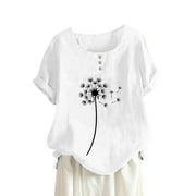 YEYLANERS Summer Cotton Linen Shirts for Women Casual Short Sleeve Round Neck Dandelion Print Tee Tops 2024 Womens Loose Trendy Comfy Button Tunic Blouses,White,XX-Large