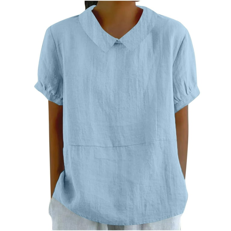 YEYLANERS Summer Cotton Linen T Shirts for Women Dressy Casual Peter Pan Collar Blouses Short Sleeve Going Out Tops Womens Solid Color Tees