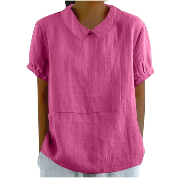 YEYLANERS Summer Cotton Linen T Shirts for Women Dressy Casual Peter Pan Collar Blouses Short Sleeve Going Out Tops Womens Solid Color Tees 2024,Hot Pink,XXXL